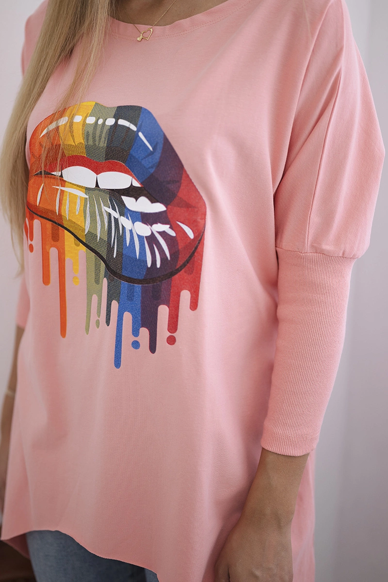 Oversize blouse with rainbow lip print apricot