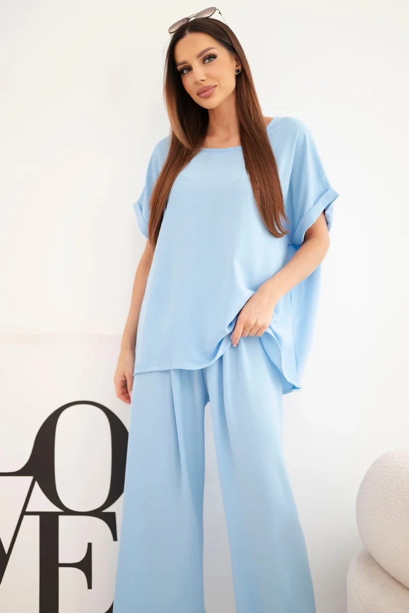 Kesi plus size dámská souprava: top a široké kalhoty, modré