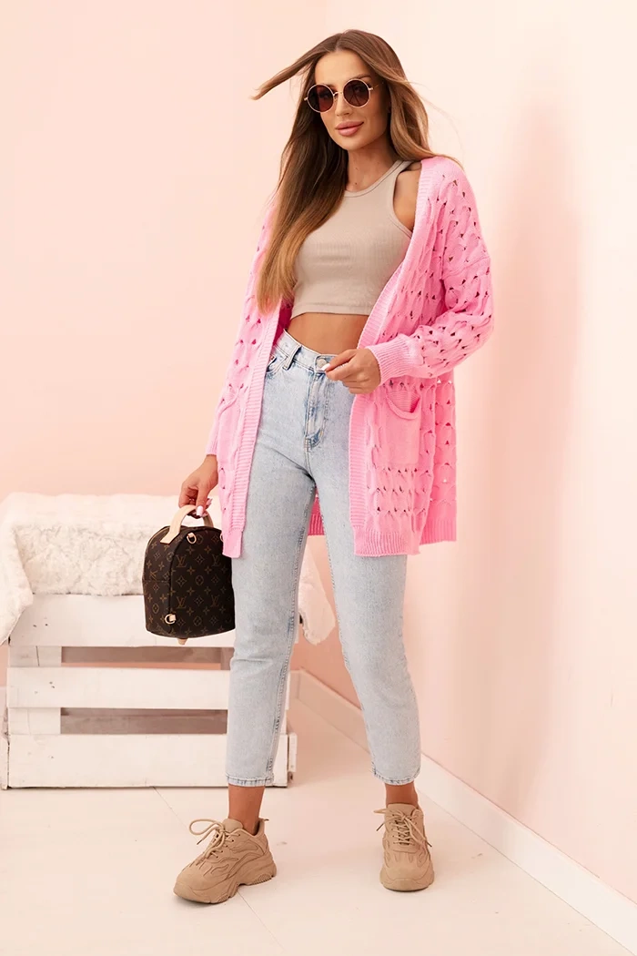 Kesi Włoski Women's openwork cardigan with pockets light pink