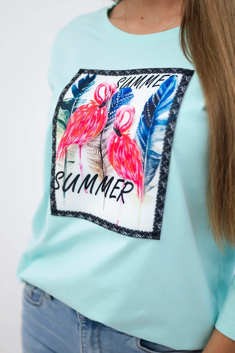 Blouse with 3D mint flamingo graphics