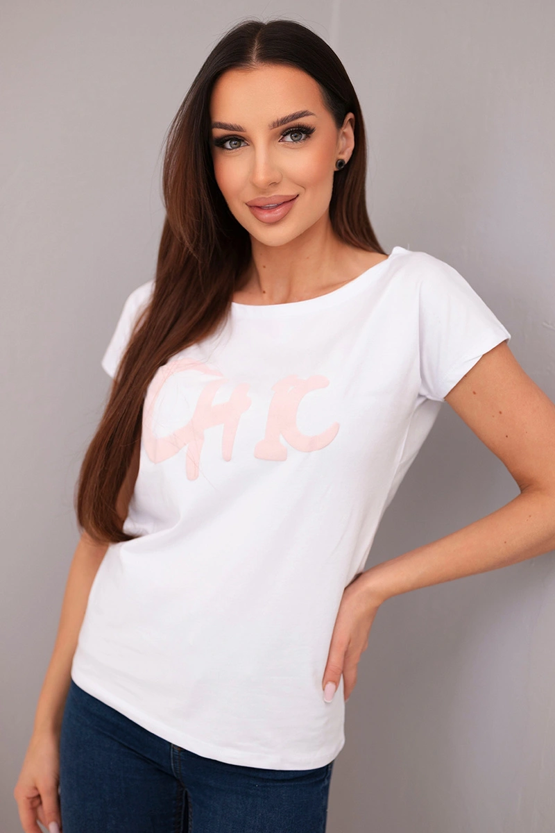 Дамска памучна блуза Kesi с щампа CHIC бяла