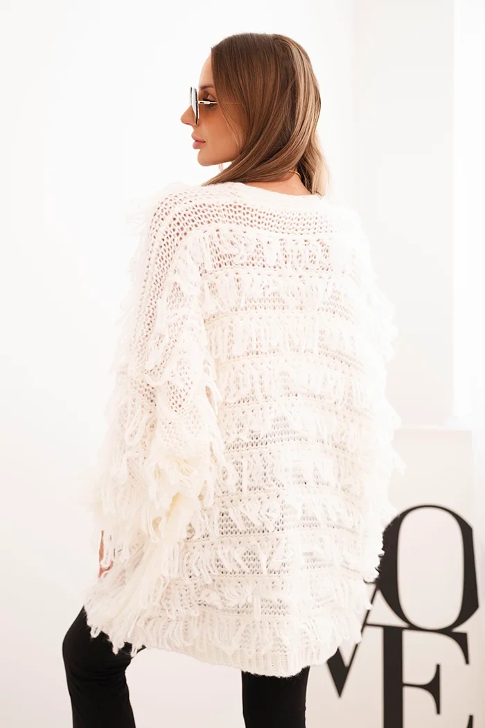 Kesi Włoski Women's cardigan with fringes and a loose fit ecru