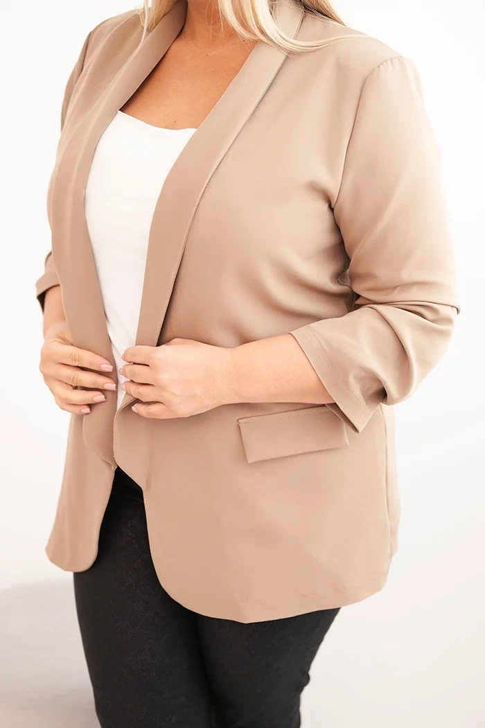Kesi Włoski Women&#039;s Plus Size Unbuttoned Blazer with Lining XL/2XL dark beige