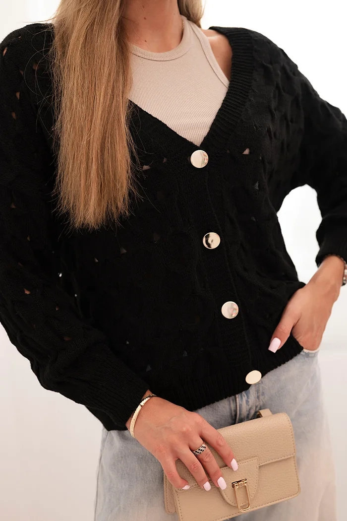 Kesi Włoski Women's openwork sweater with a V-neck and gold buttons black