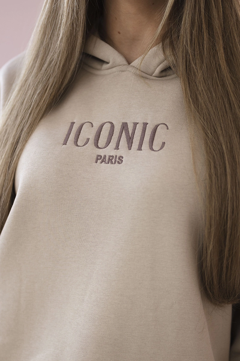 Insulated cotton set, sweatshirt with embroidery + beige trousers