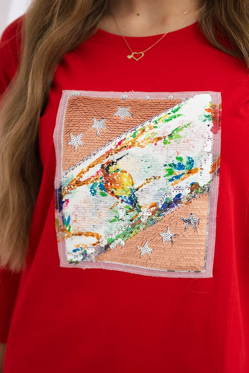 Blouse with 3D Bird red graphics