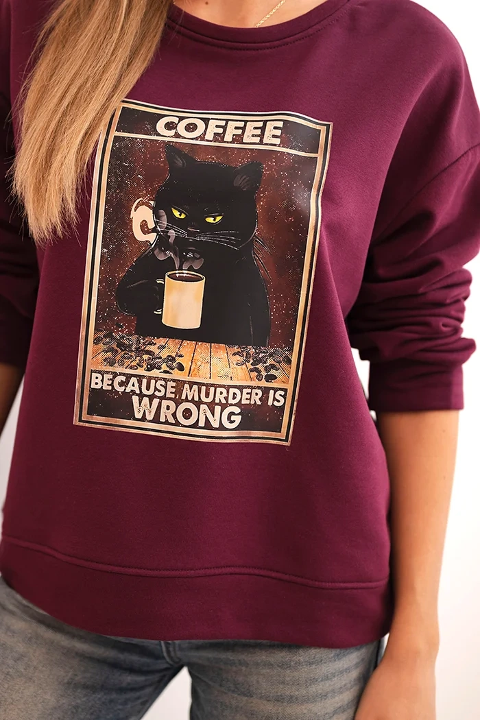 Kesi Włoski Women's cotton sweatshirt with a cat print and text plum