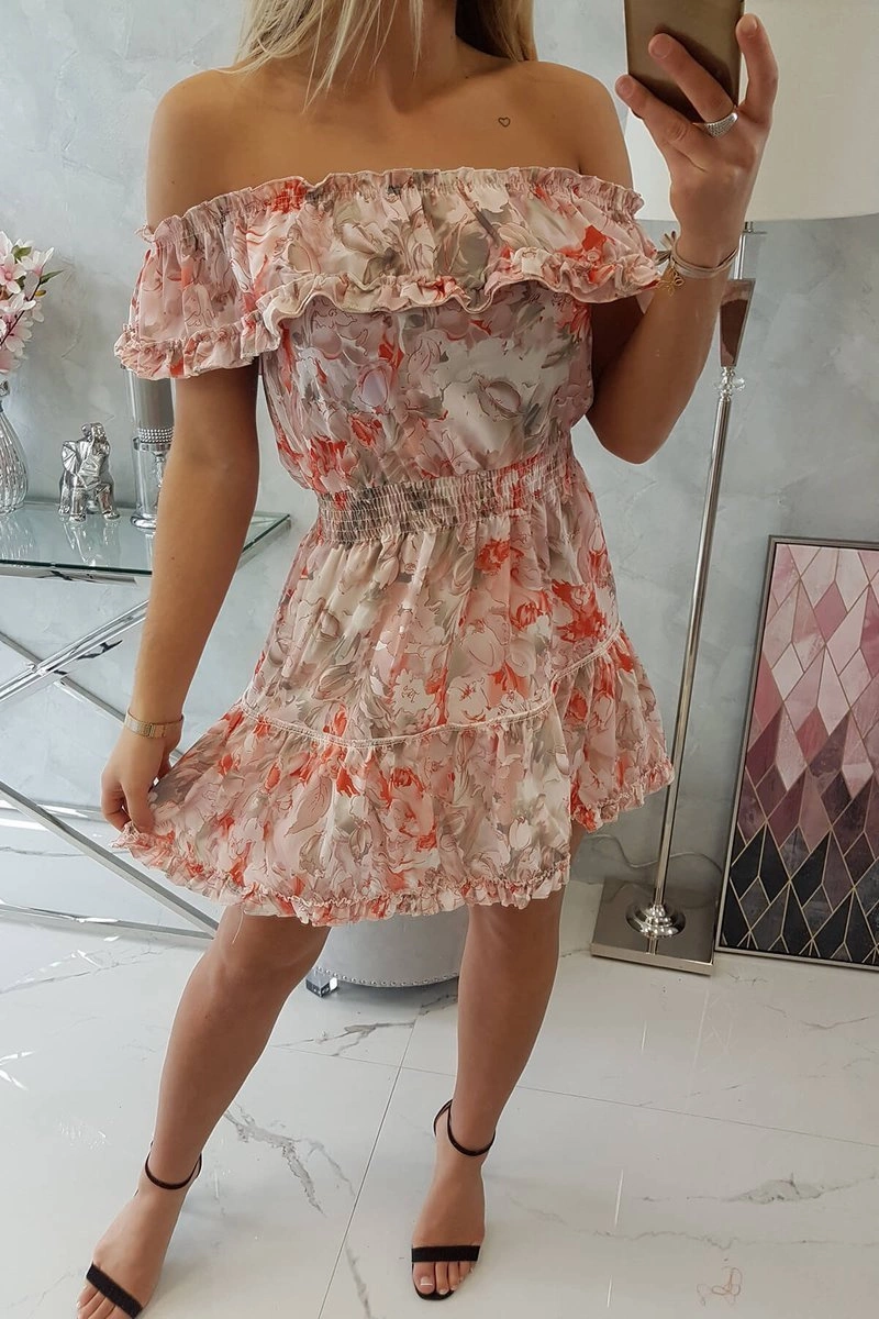 Floral shoulder dress in apricot color