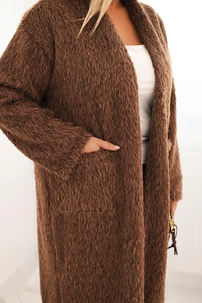 Kesi Włoski Dámsky kabát Plus Size z viskózy bez zapínania s vreckami hnedý