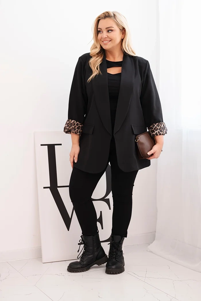 Kesi Włoski Plus Size women's blazer with leopard lining black