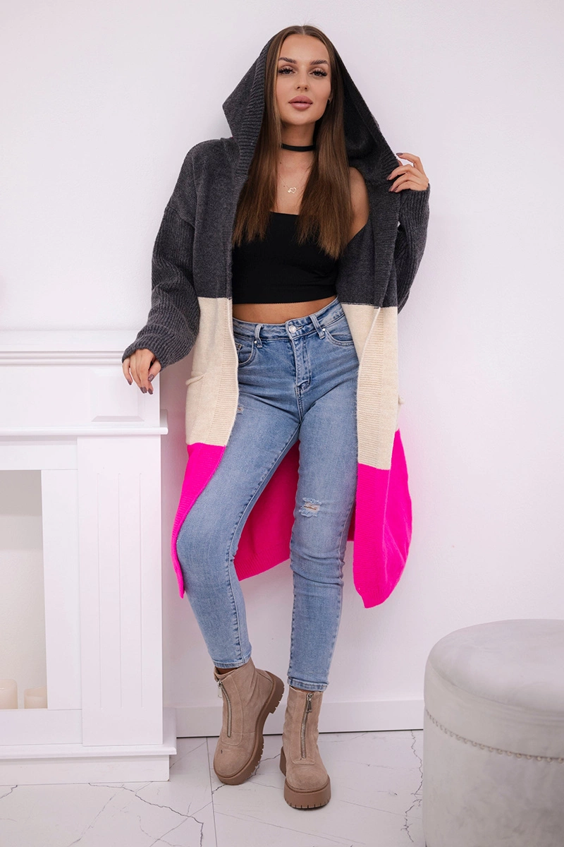 Striped hooded sweater graphite + beige + pink neon