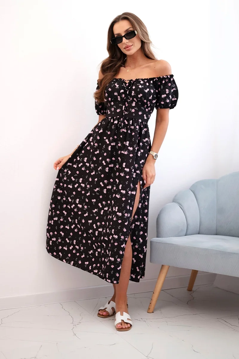 Kesi Włoski Women&#039;s maxi dress with flowers and puffs black