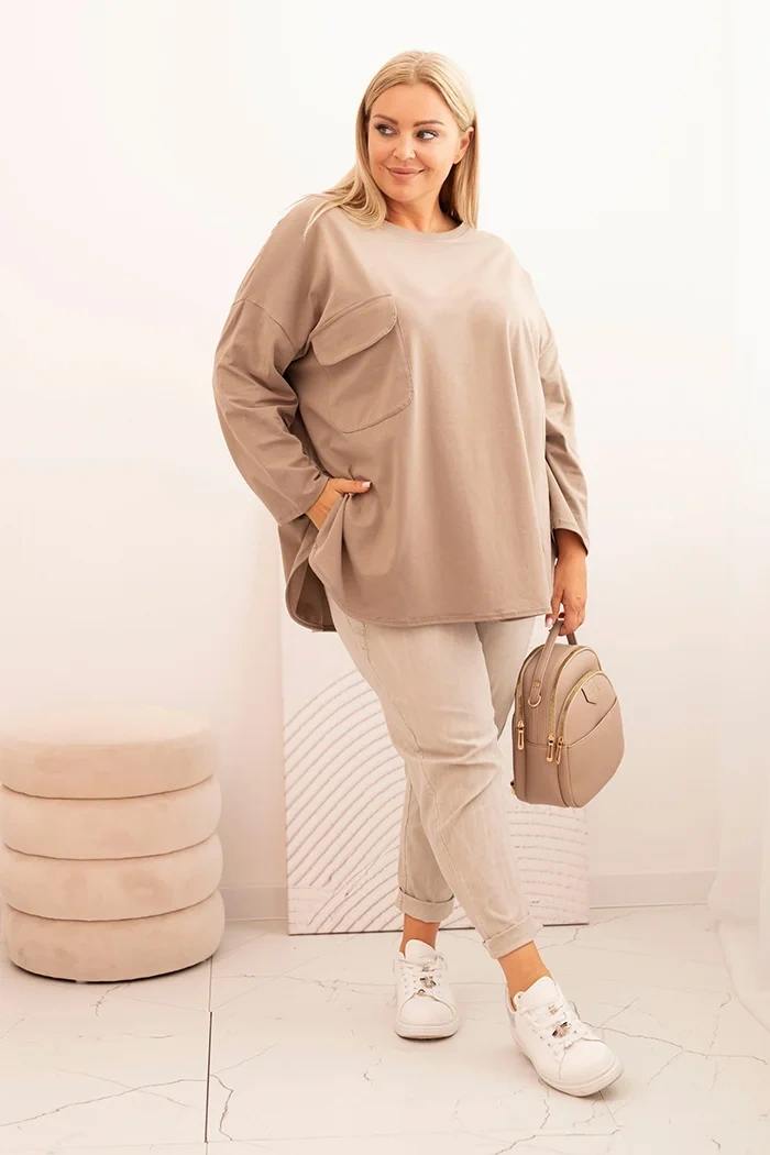 Kesi Włoski Dámska blúzka Plus Size s bavlnou, s vreckom a s vyhrnutým rukávom fango