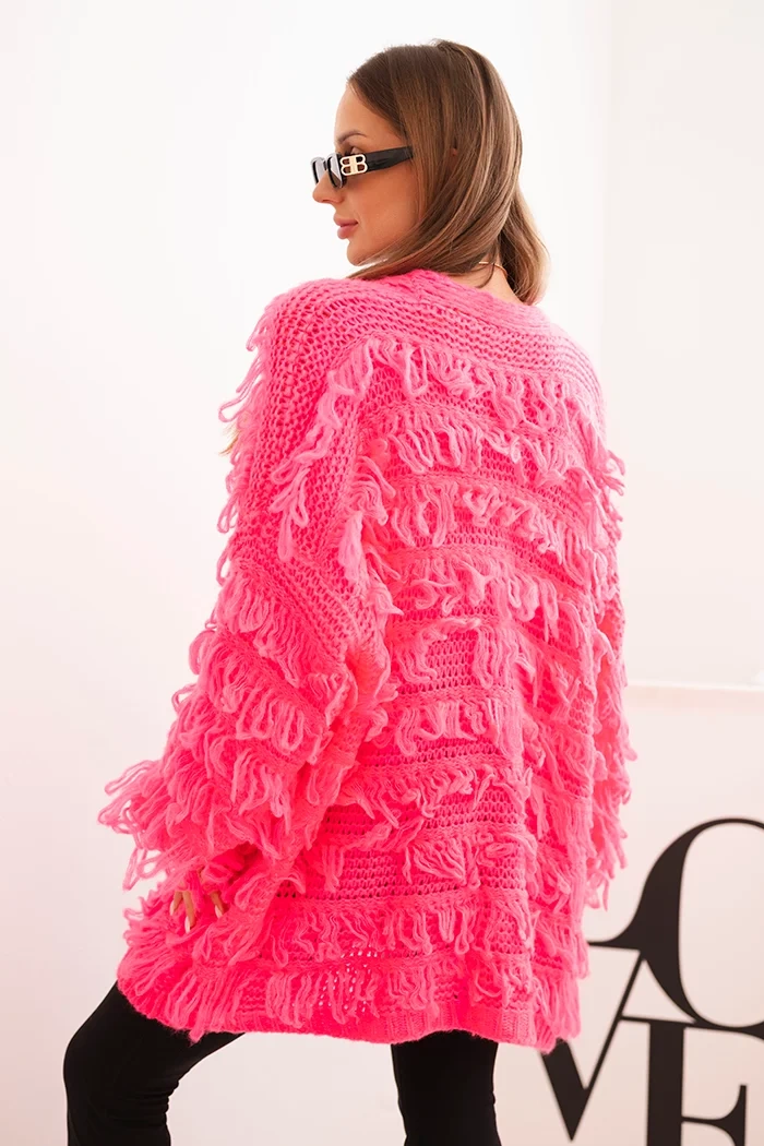 Kesi Włoski Women's cardigan with fringes and loose fit neon pink