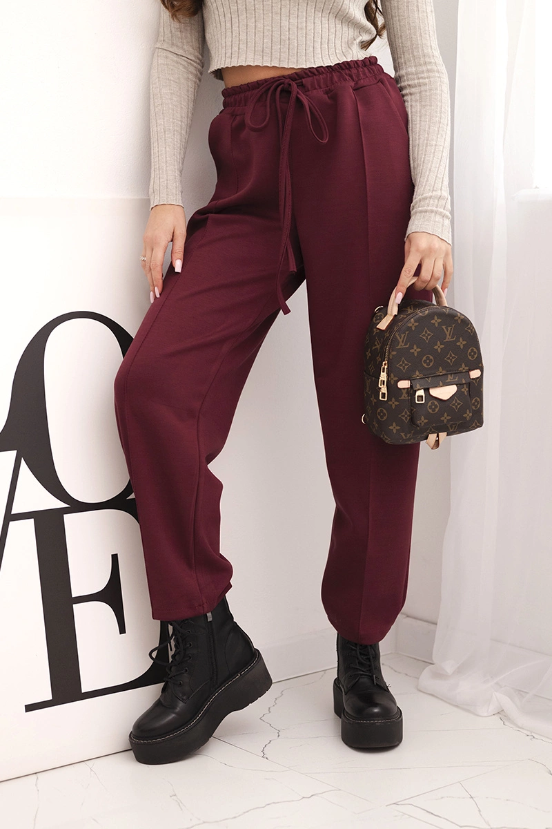 Kesi Włoski Elegant women's high-waisted trousers with a tie at the waist burgundy