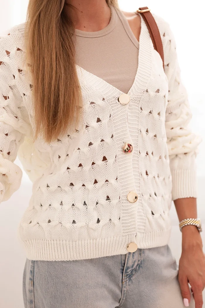 Kesi Włoski Ladies' openwork sweater with a V-neck and gold buttons ecru