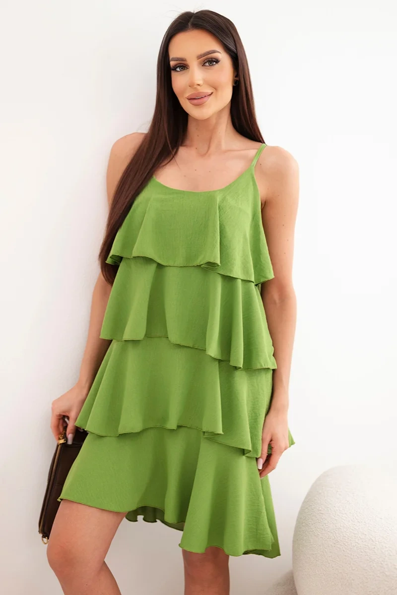 Dámské mini šaty s ramínky a volánky olivové