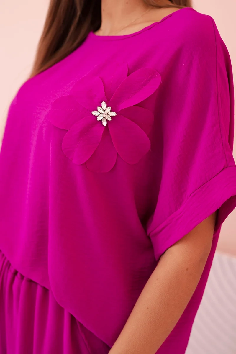 Kesi Włoski Women&#039;s viscose set with decorative flower and wide trousers - fuchsia light purple