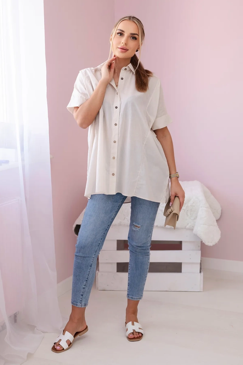 Cotton shirt with short sleeves beige color