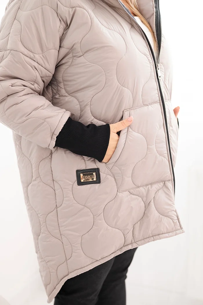 Kesi Włoski Dámska bunda Plus Size prešívaná s kapucňou tmavo béžová