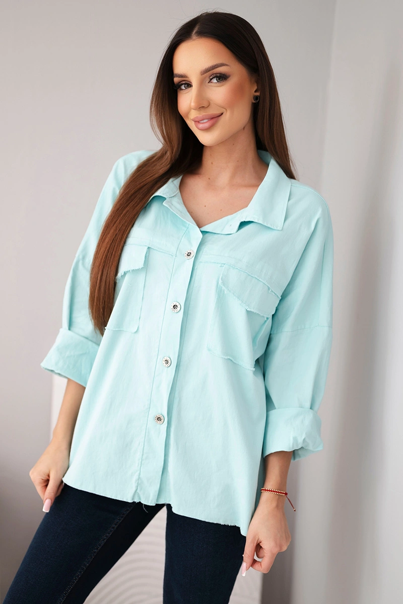 Дамска памучна риза Kesi с джобове, ментов цвят