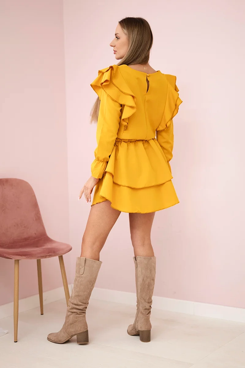 Dress with vertical mustard ruffles