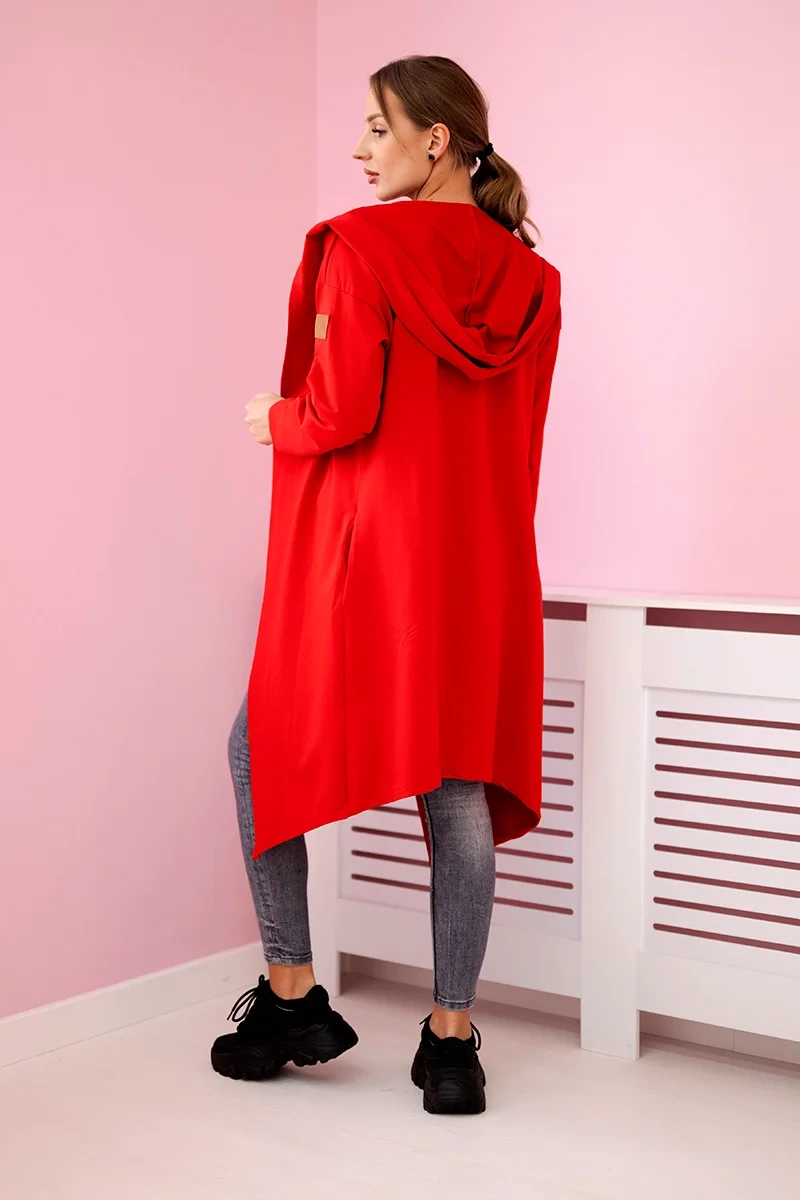 Long red hooded cardigan