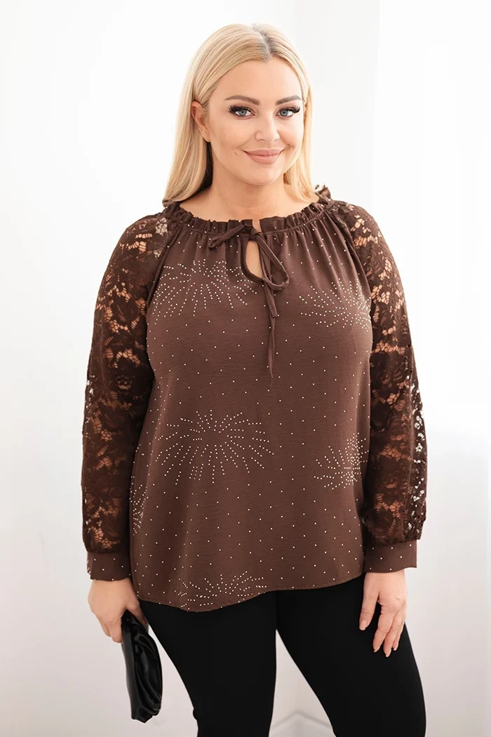 Kesi Włoski Plus Size women's blouse with lace sleeves and decorative neckline brown