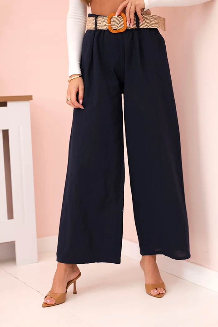 Kesi Włoski Women's linen trousers with wide legs and a belt navy blue