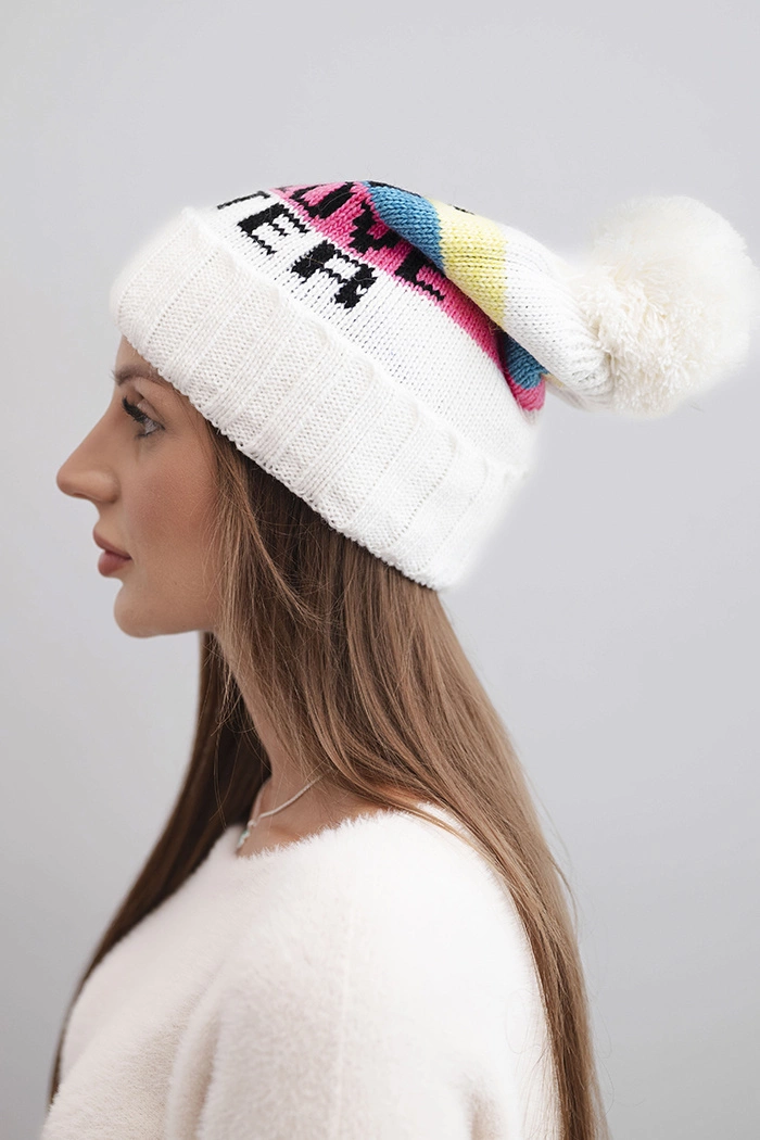Kesi Women's winter cap with wool and lettering with a large pom-pom K422 white