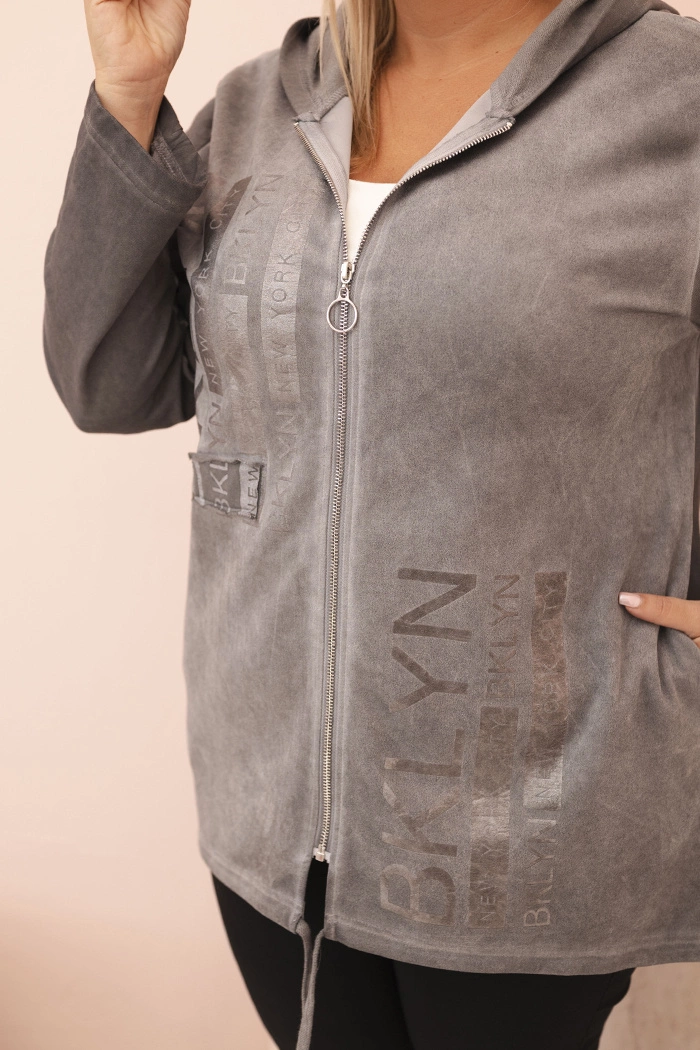 Kesi Włoski Women&#039;s Plus Size sweatshirt, washed, with a hood and BKLYN print, graphite