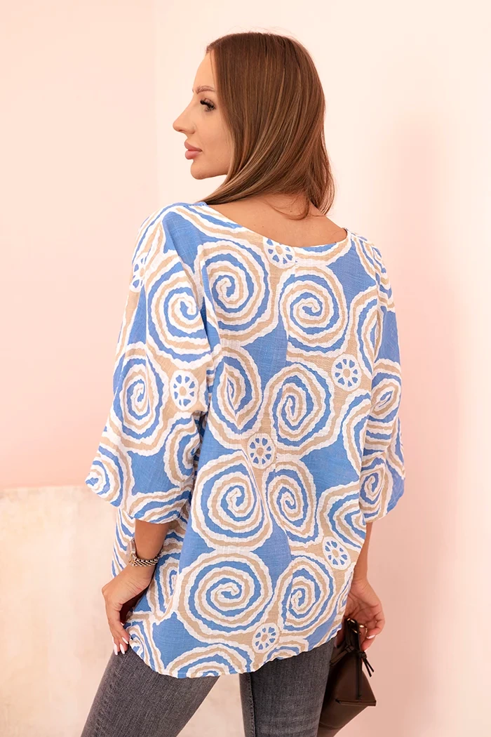 Kesi Włoski Women's cotton blouse with ethnic patterns and rolled-up sleeves turquoise