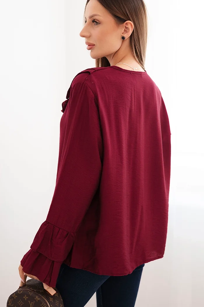 Kesi Włoski Women's viscose blouse with ruffles and long sleeves maroon