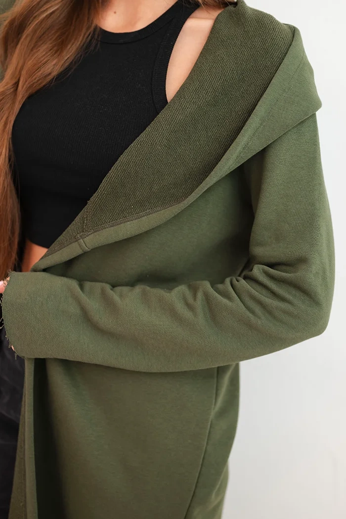 Kesi Women's cotton hooded cardigan with an elongated front khaki