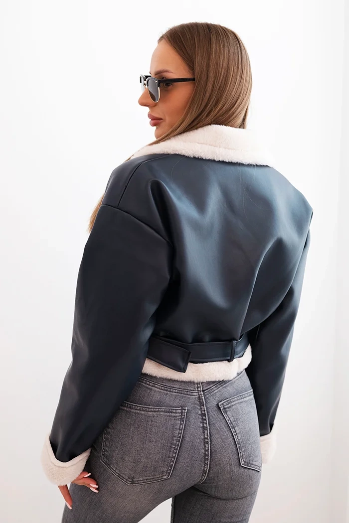 Kesi Włoski Women's pilot jacket made of faux leather, insulated with fur and a belt, navy blue