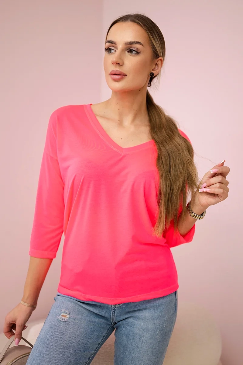 Pink neon blouse with V-neck