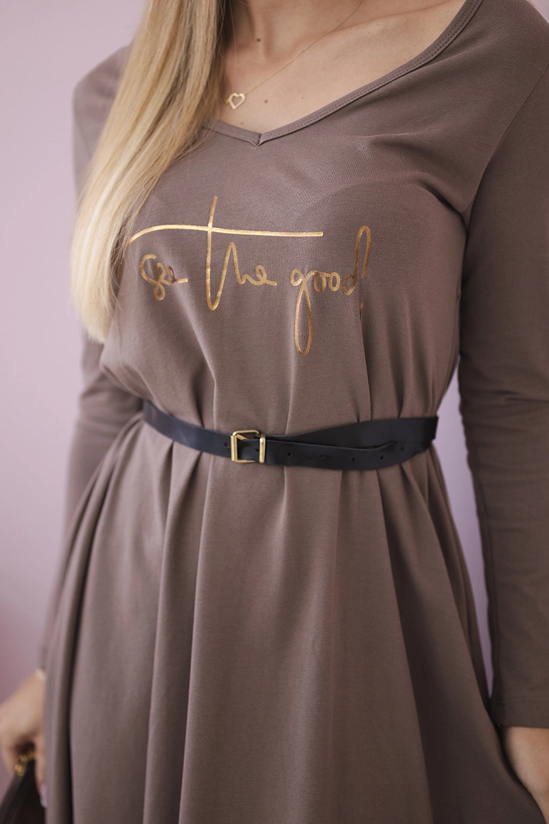 Dress with decorative belt and mocha inscription