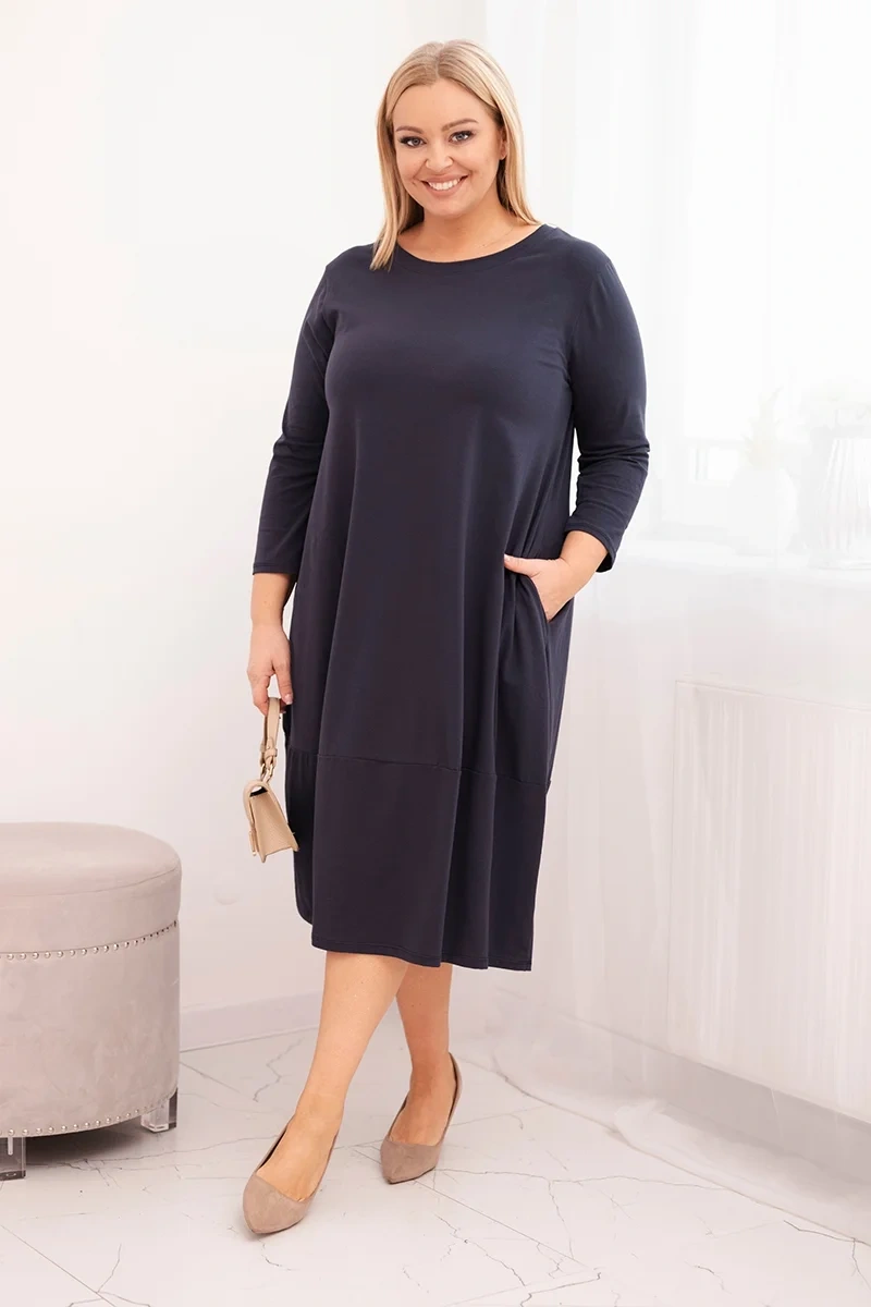 Plus size dámske šaty s vreckami, námornícka modrá