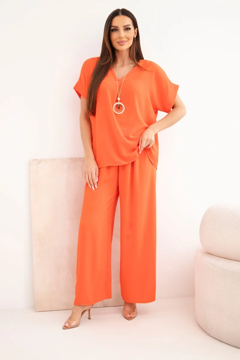 Women's summer set with necklace, blouse + trousers - orange