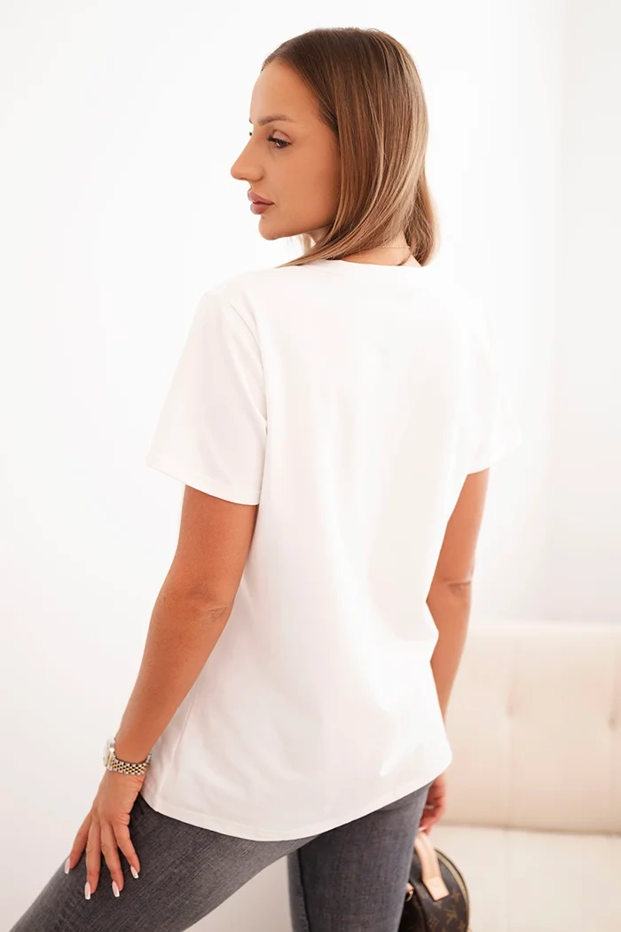 Polski Women's cotton blouse with a V-neck and short sleeves ecru