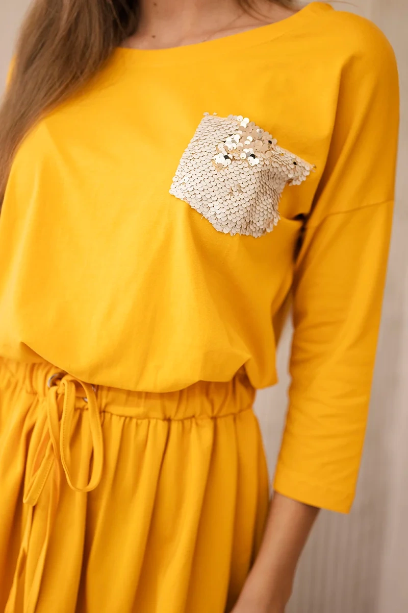 Sequin Pocket Mustard Dress