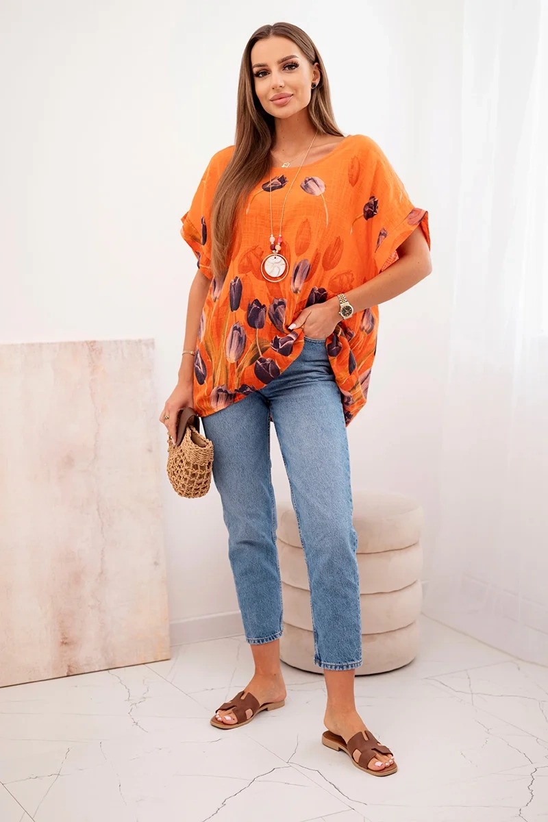 Kesi Włoski Women's cotton shirt with a floral pattern orange