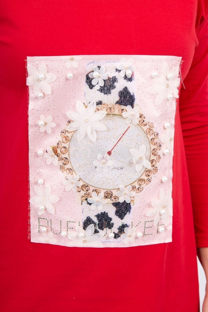 Dress with 3D graphics with red pearls