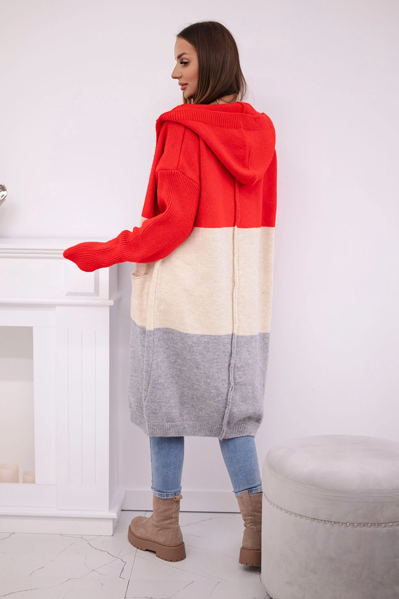 Striped hooded sweater red + beige + gray