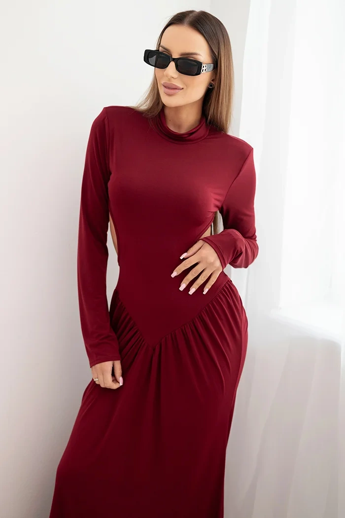 Kesi Włoski Long women's dress with viscose, turtleneck and open back, burgundy