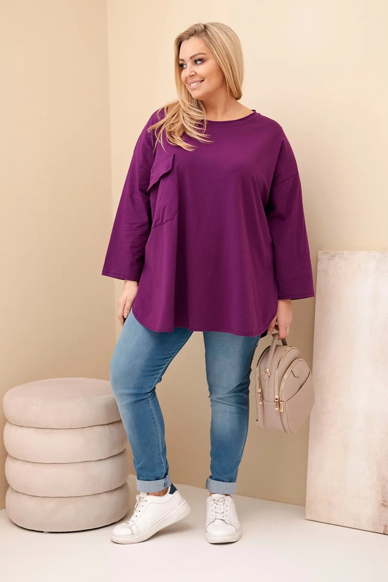 Kesi Włoski Dámska blúzka Plus Size s bavlnou, s vreckom a s rukávom srolovaným tmavo fialová