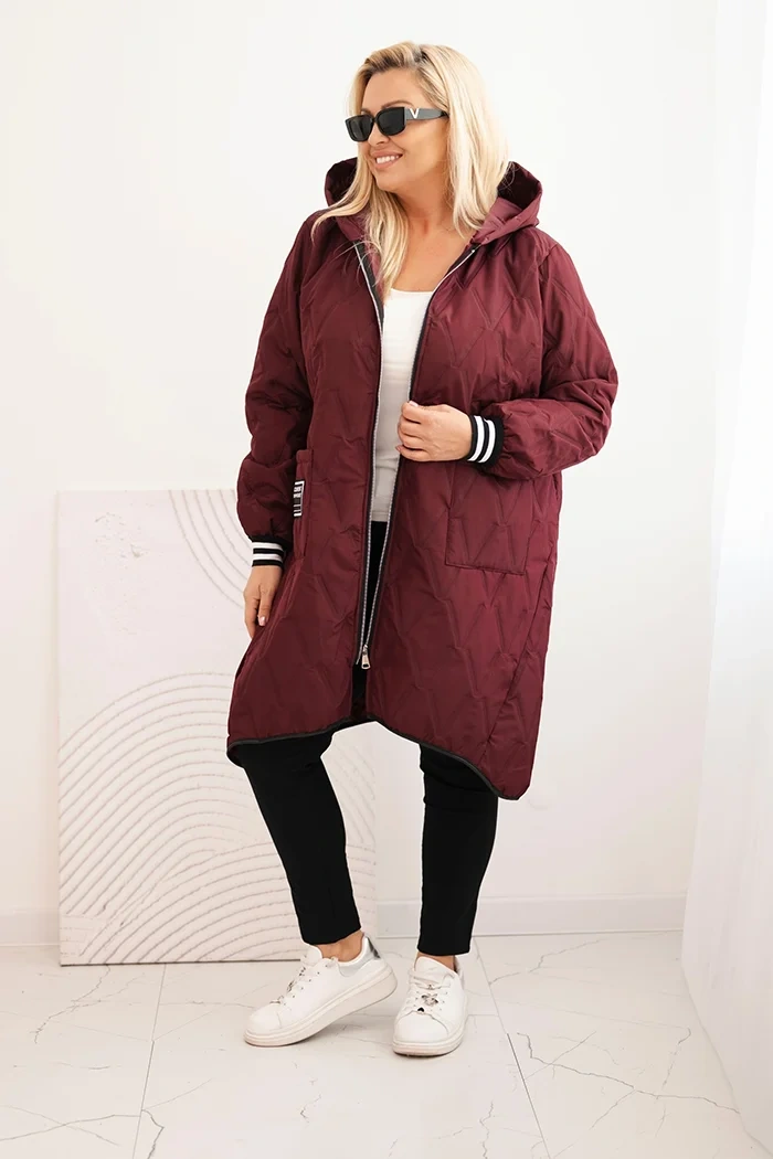 Kesi Włoski Dámska bunda Plus Size prešívaná s kapucňou a športovými manžetami slivková