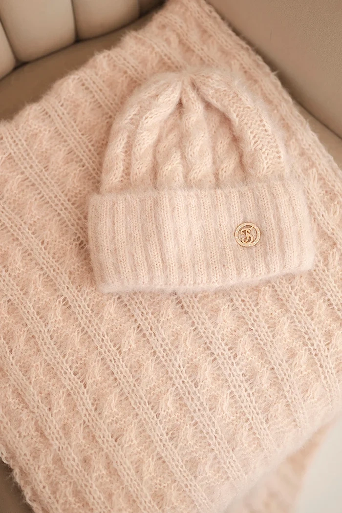 Kesi Women&#039;s set hat and scarf with ribbing and decoration light powder pink