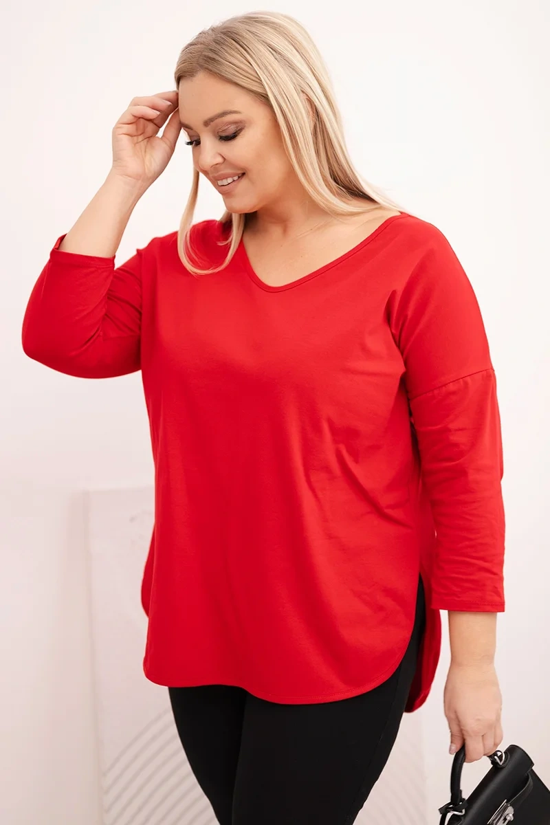 Kesi Dámska bavlnená blúzka Plus Size s V výstrihom a srolovanými rukávmi červená