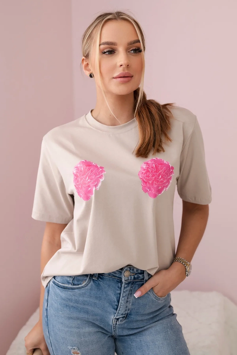 Cotton blouse with flower print beige color